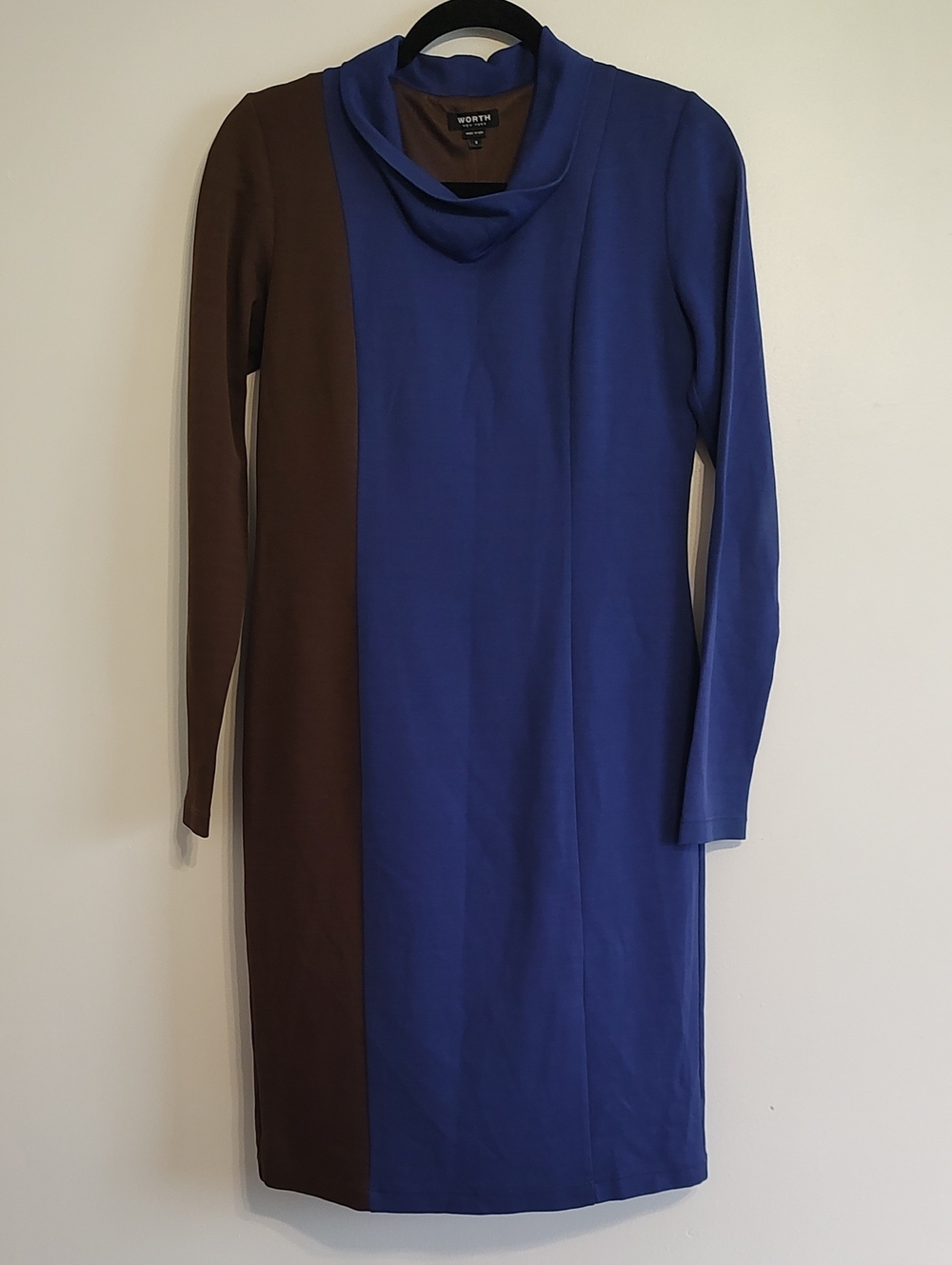 Worth Two-Tone Blue and Brown Long-Sleeve Cowl Neck Dress